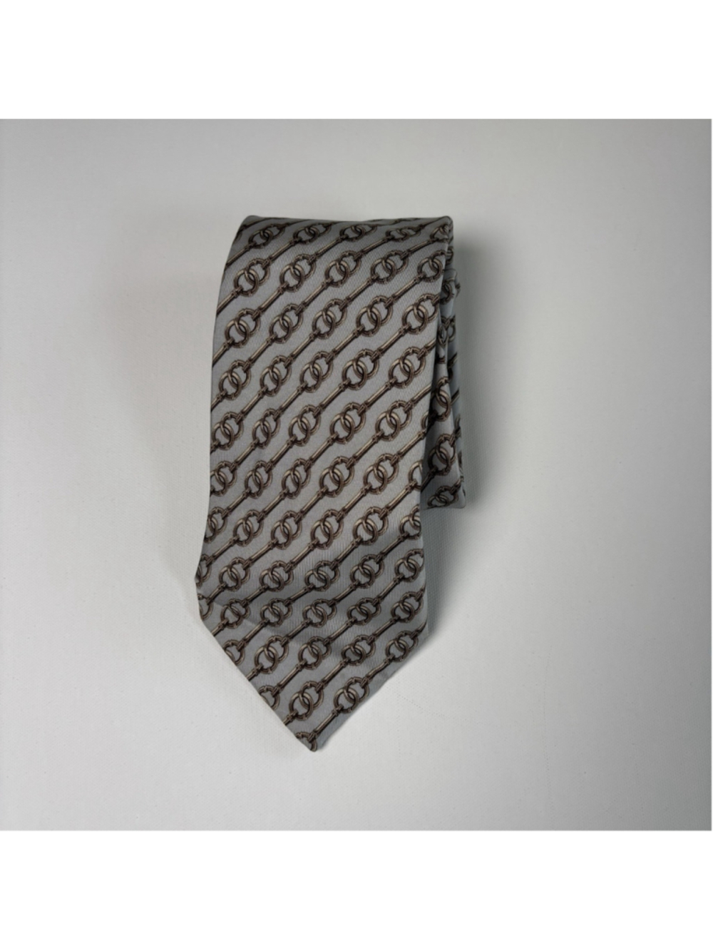 Gucci Silk Tie Blue Grey Horsebit Equestrian Chain Link Pattern Made Italy EUC